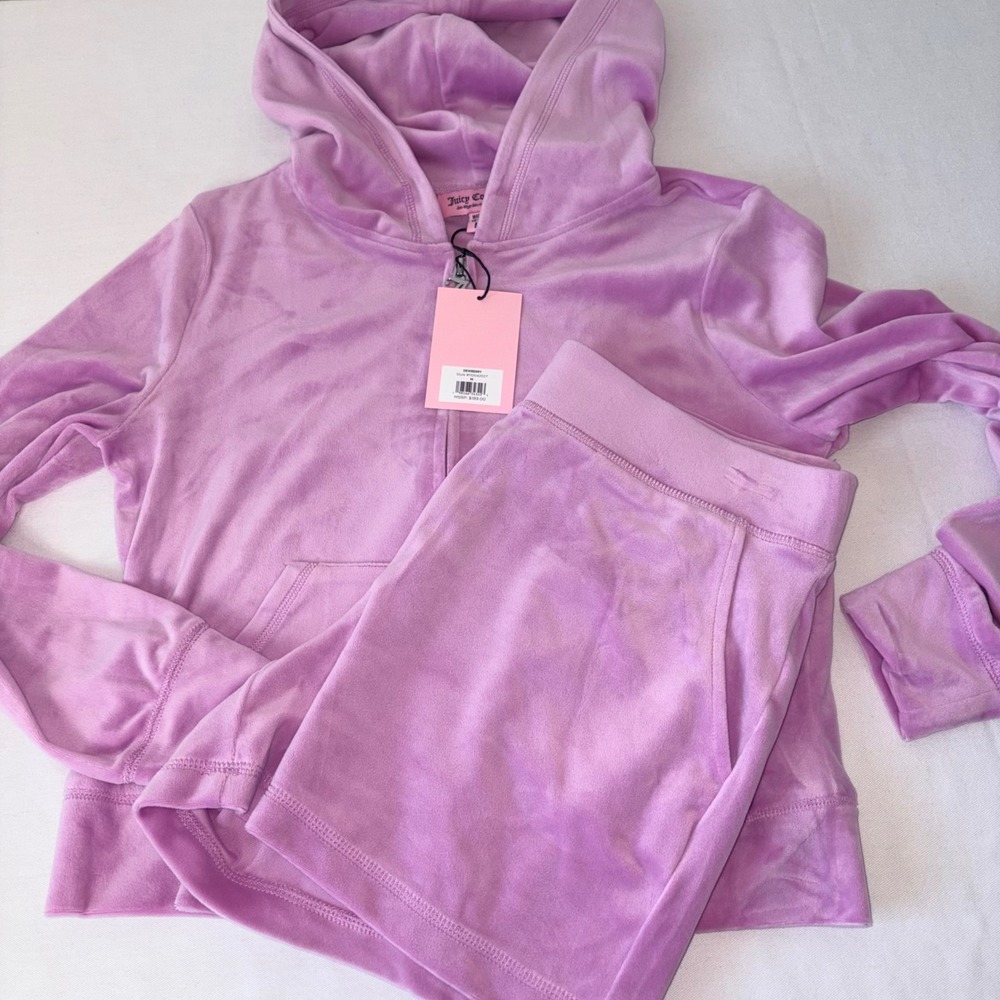 Juicy Couture Velour Tracksuit Hoodie Shorts Set Lilac Rhinestone Logo medium